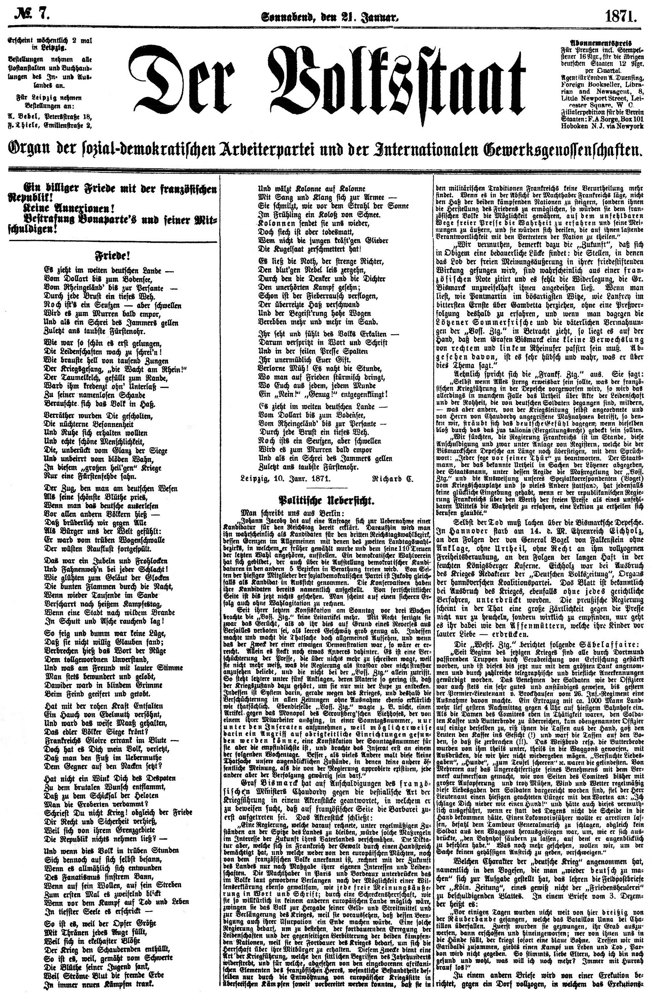 Capa de Der Volksstaat (O Estado Popular) - By Richard Cramer (Rudolf Lavant) - Der Volksstaat, CC0, https://commons.wikimedia.org/w/index.php?curid=38854725